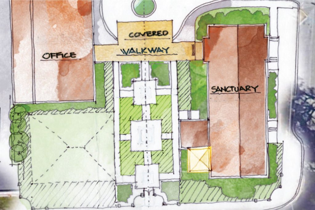 A watercolor rendering makes clear the grass and surrounding landscapes that border the new, proposed structures around the Plaza.