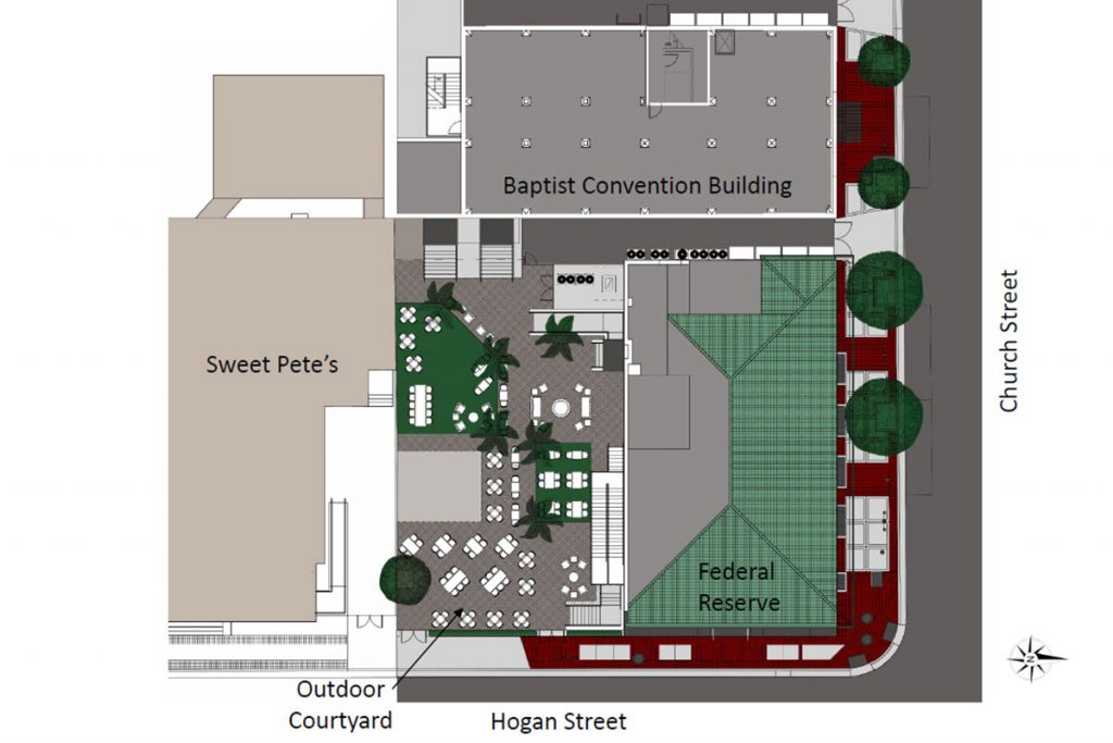 Plans illustrate the cohesive use of three historic structures by incorporating outdoor use, converting a parking lot into usable amenities in a courtyard.