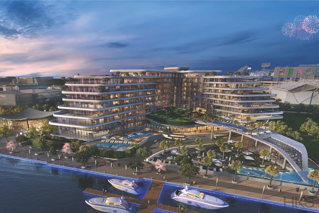 Rendering of aerial view from Marina. Renderings courtesy of HKS Architects.