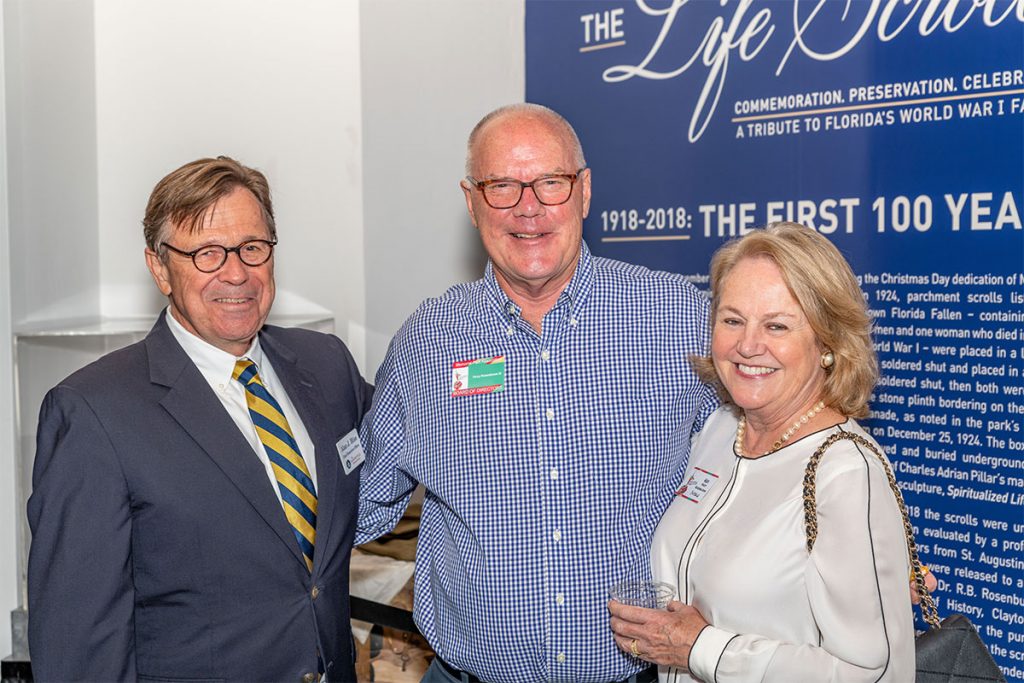 Dr Alan J. Bliss, CEO, Jacksonville Historical Society;  Memorial Park Association board member Percy Rosenbloom and Susan Rosenbloom at The Life Scrolls exhibit.