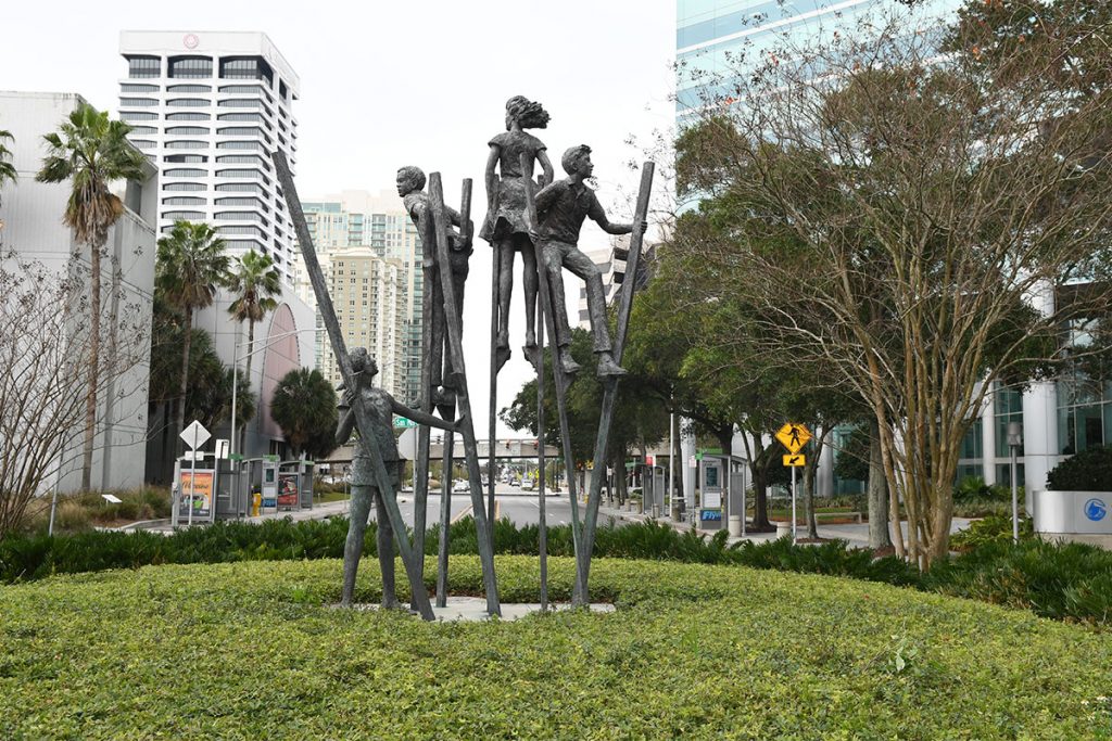 Dennis Smith’s “Stiltwalkers” positioned in the roundabout on the Southbank intersection of San Marco Blvd. and Museum Circle Drive.
