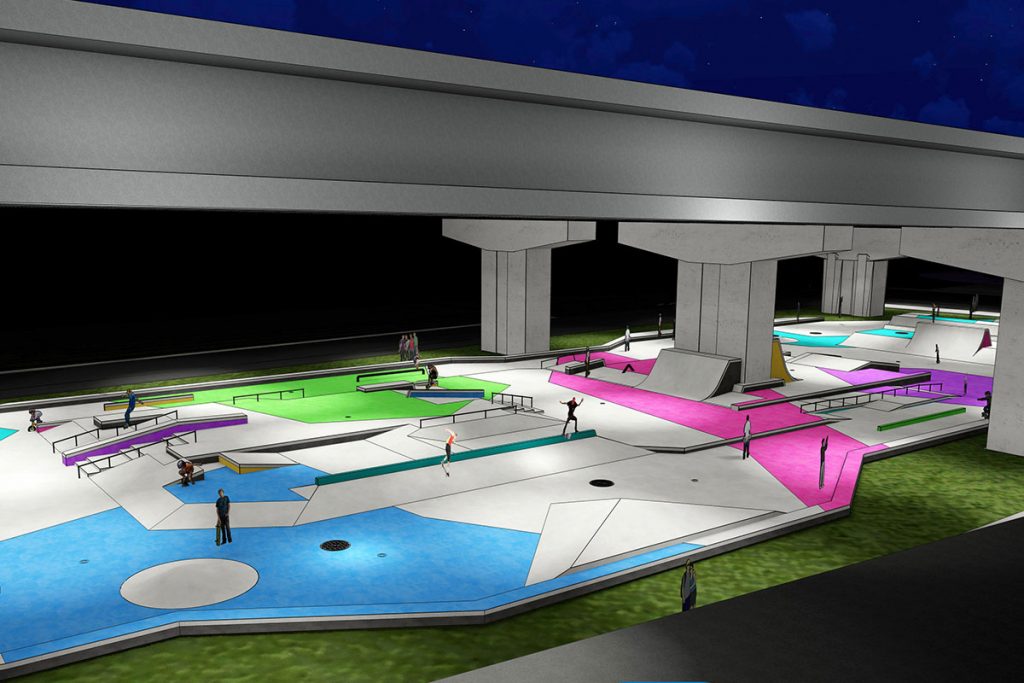 Artist rendering of a potential skate park design for the Artist Walk.