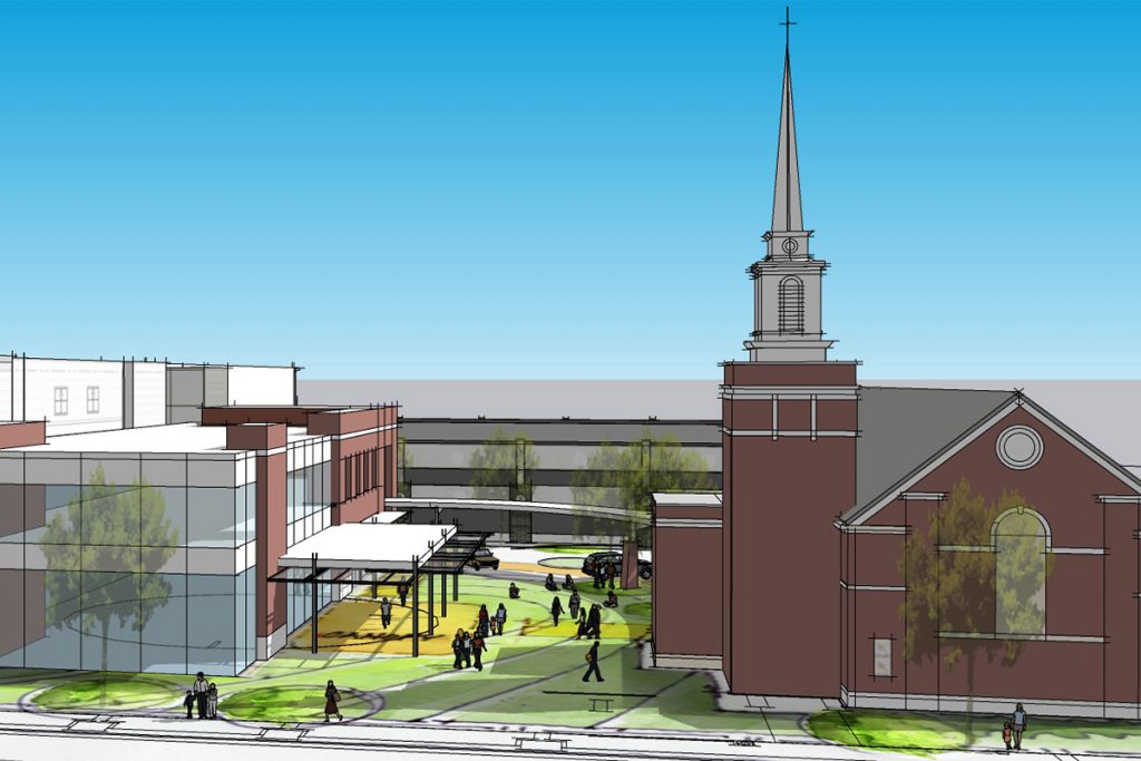 A rendering of the proposed new building and courtyard at South Jacksonville Presbyterian Church