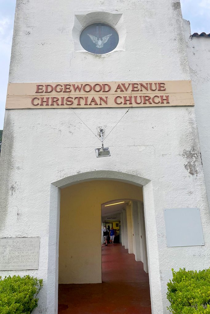 Sign reading "Edgewood Avenue Christian Church" over entrance