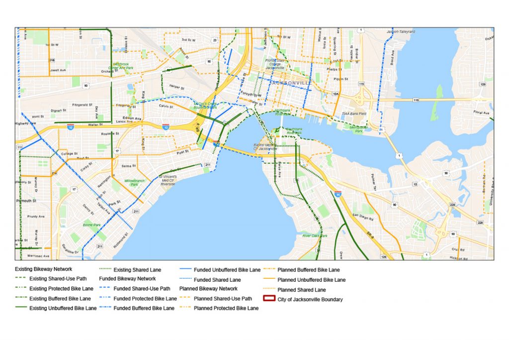 The City of Jacksonville’s “Off-Street Bikeways and Shared-Use Paths (Trails) Network Tool” launched in July and allows users to view all existing, funded or planned paths and trails for cyclists and pedestrians. Image courtesy of the City of Jacksonville.
