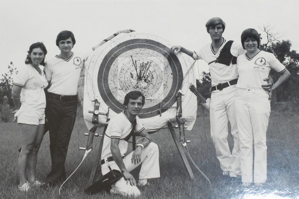 UNF Archery Team, circa 1972, training for Olympic trials in California: Cookie, Claude, Gene, William, and Donna