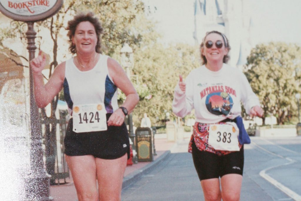 Linda Wilder & Cookie Davis running the inaugural Disney World Marathon, 1994