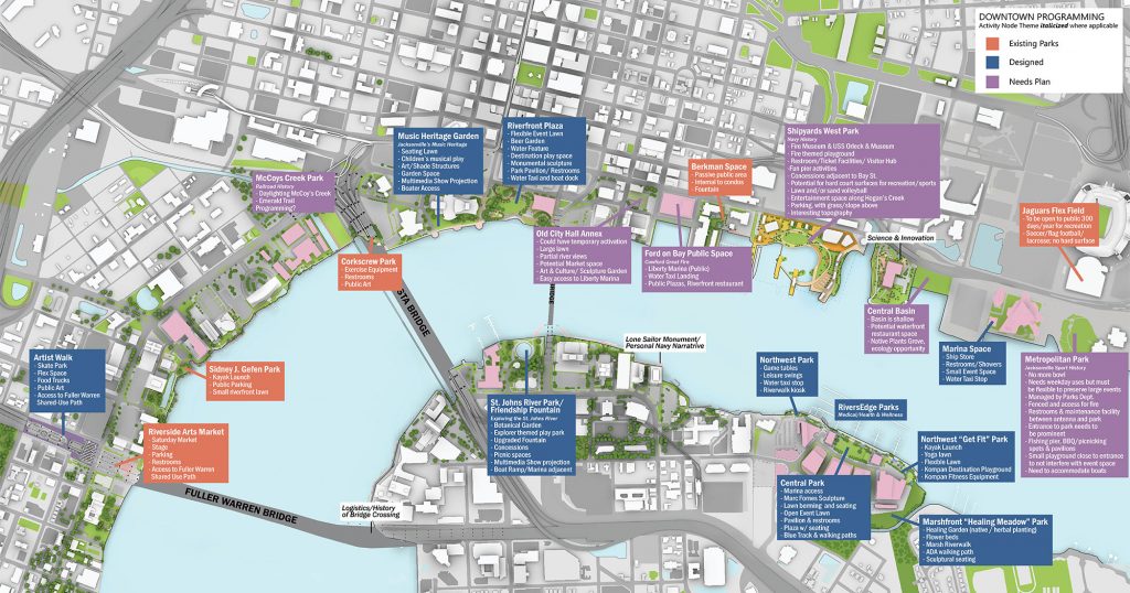 A map detailing the anticipated parks along Jacksonville’s riverfront and their various stages of progress.