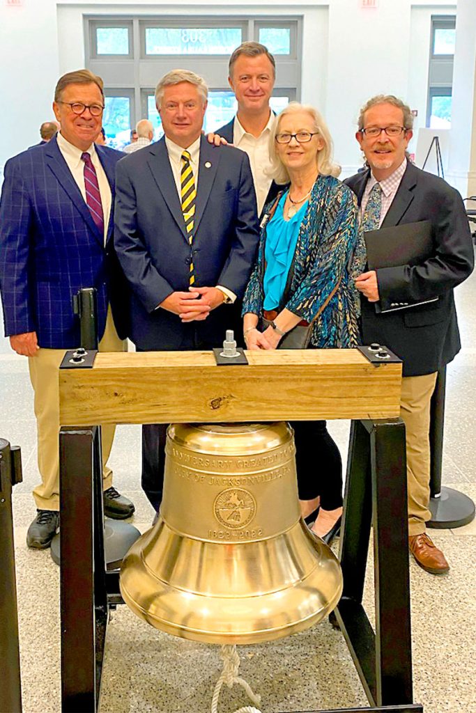 Alan J. Bliss, Matt Carlucci, David Auchter, Kate A. Hallock and Aaron Gibson-Evans with the Bicentennial Bell. Photo courtesy of Heather Stine.