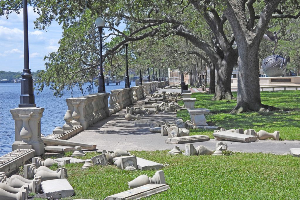 The balustrade at Memorial Park suffered extensive damage during Hurricane Idalia, which swept through Jacksonville in late August.