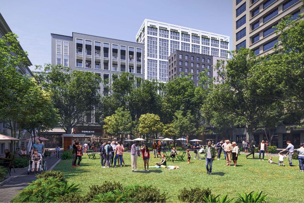 A rendering of the two parks proposed for Pearl Street District’s N-11 block, which will border the historic Porter House Mansion. (Rendering/DDRB)