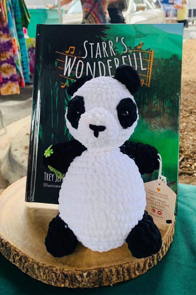 crocheted panda and book titled "Starr's Wonderful Discovery"