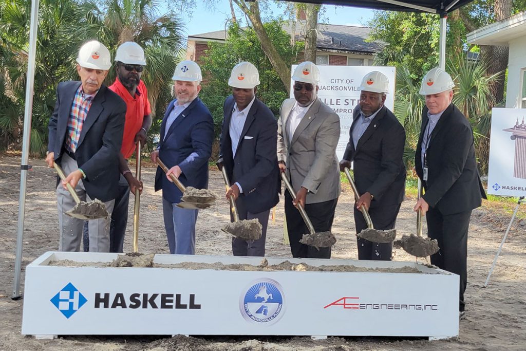 Ron Salem with Rod Myrick, Bryan Bedell, Terrance Freeman, Dr. Charles Moreland, Will Williams and Steve Long at the May groundbreaking ceremony for the Lasalle Street pump station.