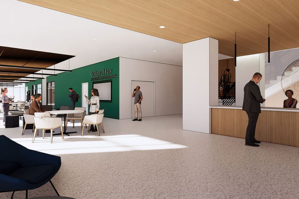 A rendering of the ground-floor entry for the new location of the Jacksonville University College of Law.