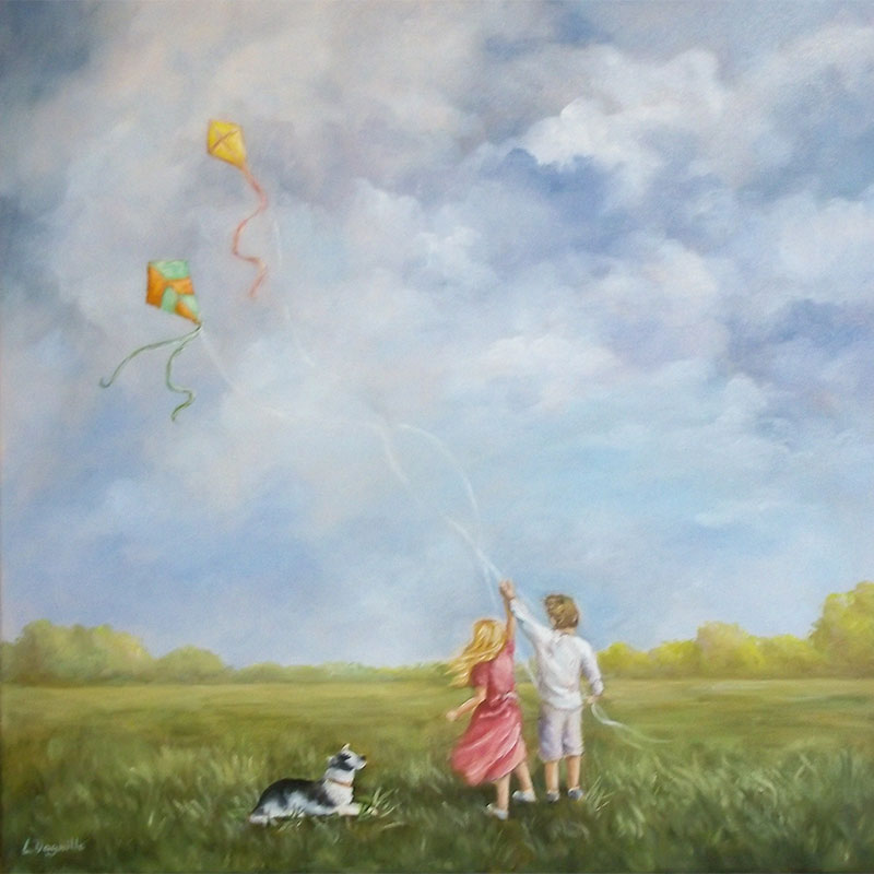 painting of a boy and girl flying a kite in a field with a dog lying down in the grass