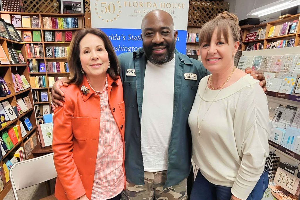 Hope Hana, Jacksonville Trustee for Florida House, with Chef Kenny Gilbert and Desiree Bailey, owner of San Marco Books.