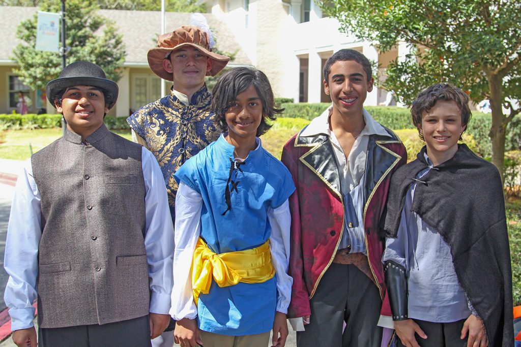 Aariz Zuberi, Charlie Russell, Adi Yadav, Aiden Pereira and General Grissom sported Shakespeare-inspired suitings for Bolles’ annual eighth grade event.