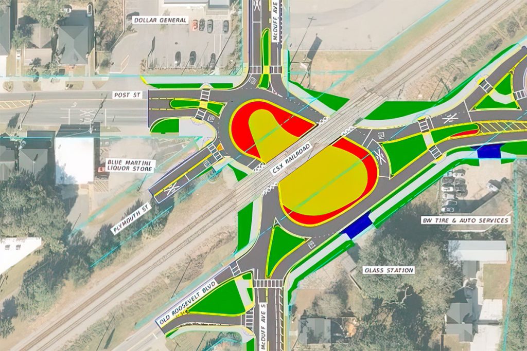 A rendering of the proposed elongated roundabout for the intersection at Post Street and Old Roosevelt Boulevard.