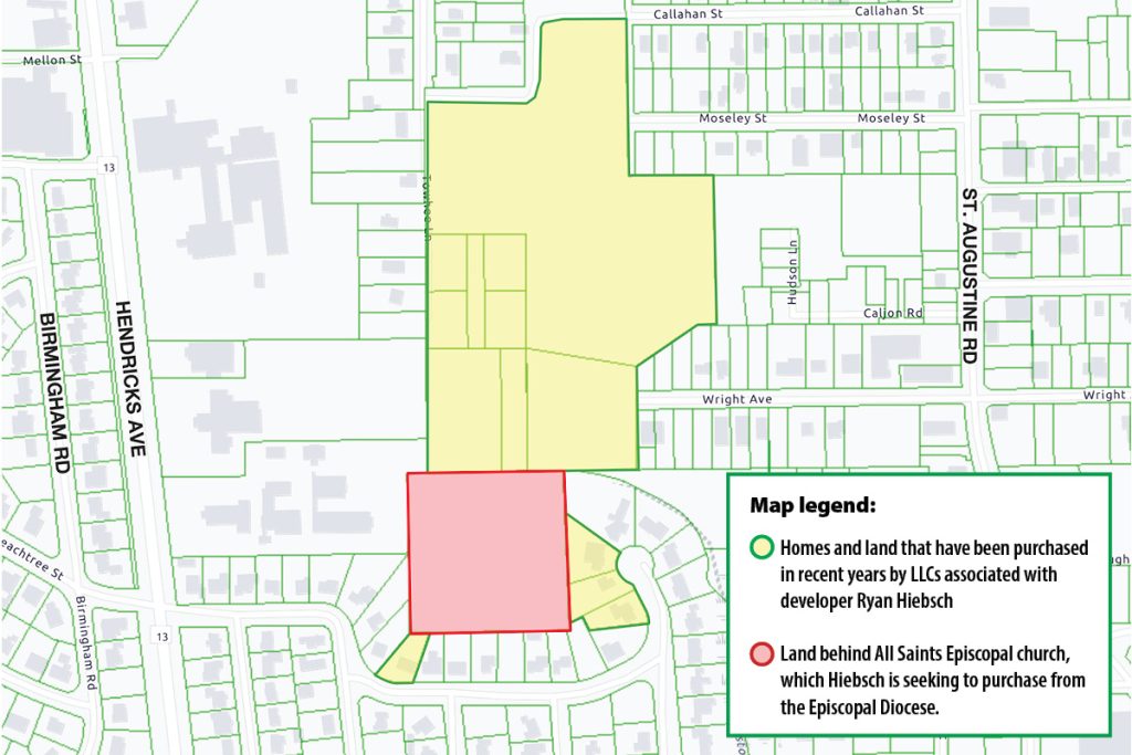 The above map shows the land surrounding All Saints Episcopal’s 4 acres that LLCs associated with Ryan Hiebsch has purchased in recent years.