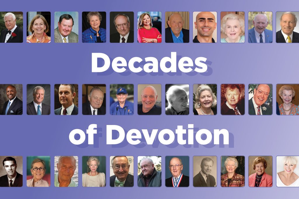 "Decades of Devotion" on purple background, surrounded by photos of people from article