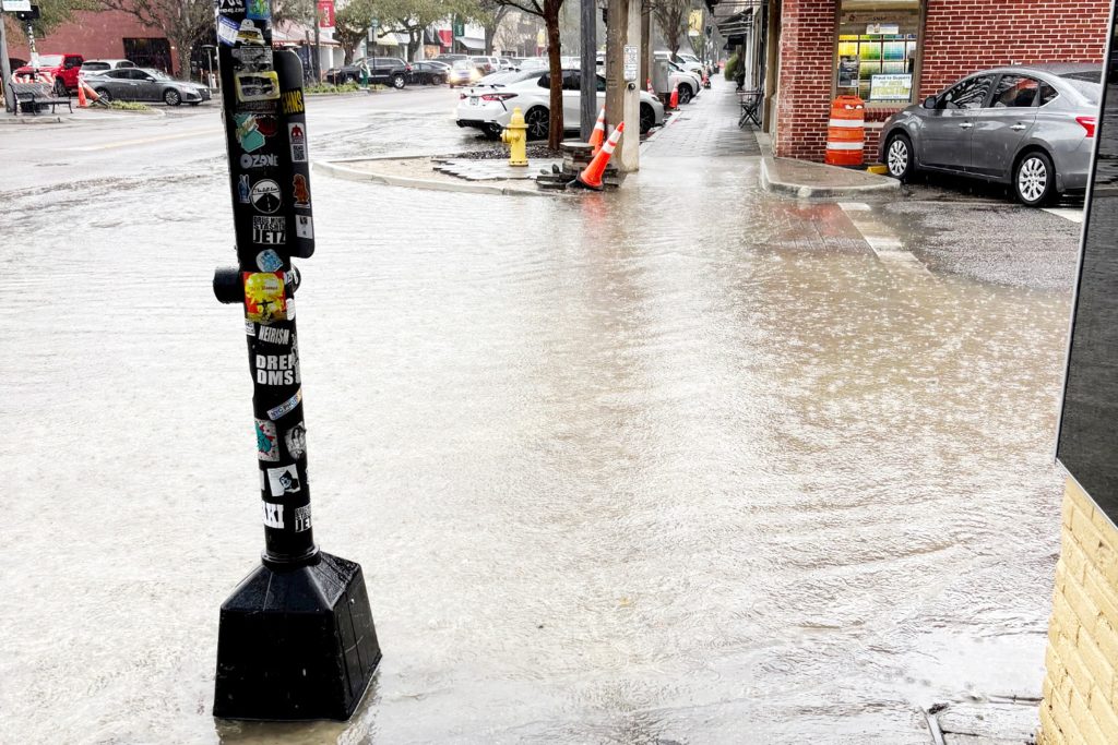 Rainwater fills the road at St. Johns Avenue and Ingleside Avenue where the new pedestrian bulb-outs have been installed. | Photo: Ron Rothberg