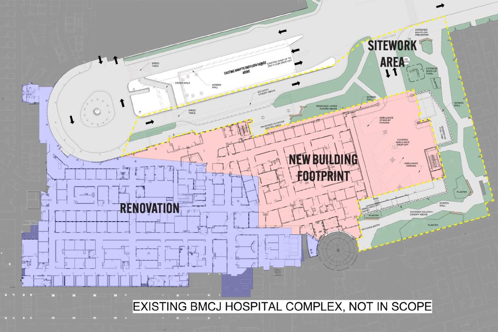A site plan depicts the footprint of both the renovation and new construction planned for this project by Baptist Medical Center.