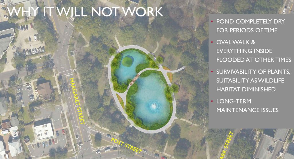 A prior design, presented in 2023, will not work with the duck pond’s fluctuating water levels.