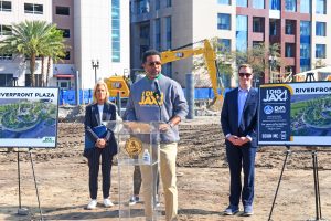 City of Jacksonville Director of Parks, Recreation and Community Services, Daryl Joseph, speaks at the Feb. 10 press conference announcing the I Dig Jax campaign as Mayor Donna Deegan and District 7 City Councilmember, Jimmy Peluso, look on.