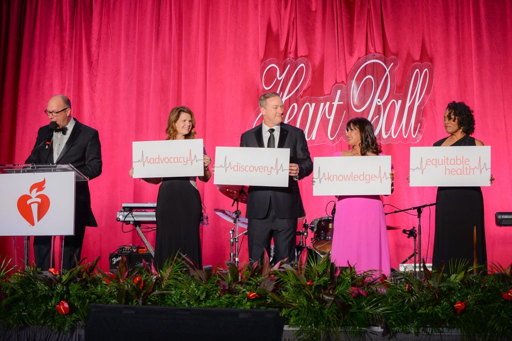 2025 First Coast Heart Ball emcee, J.P. Shadrick shares stories of volunteers Christina Clohecy, Dr. Ricardo Hanel, Dr. Charu Raheja and Dr. Kelli Tice as part of the Heart Ball’s new “Four Chambers” segment.