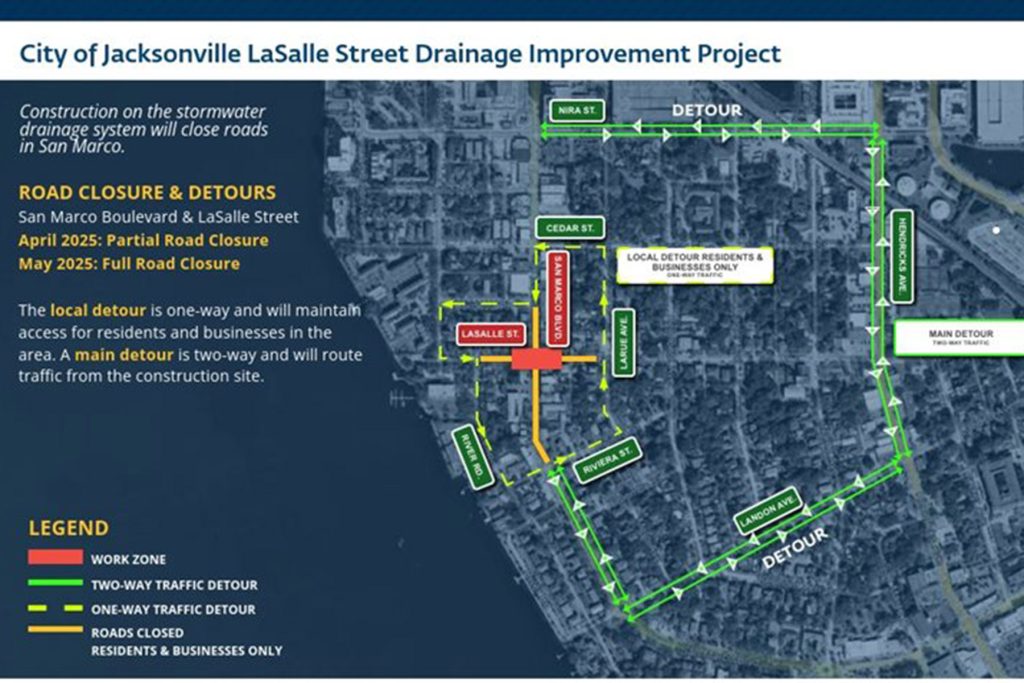 A map details the coming detours and closures for thenext phase of Lasalle Street pump station construction.