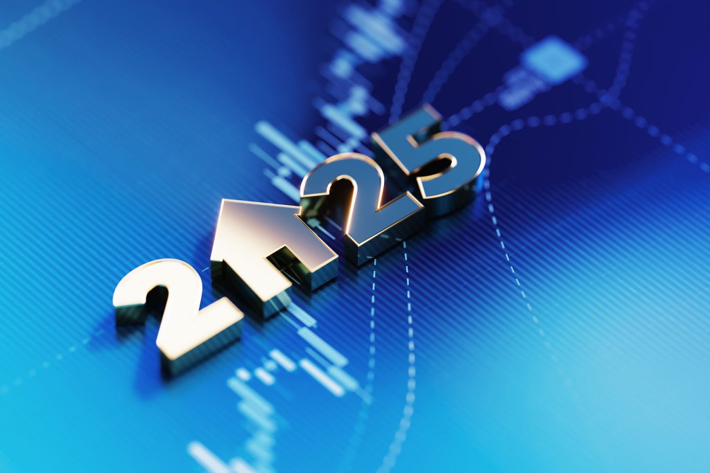 silver block numbering "2025" with a home icon as the zero, on a data chart background