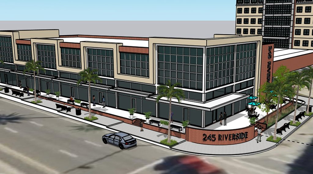 Renderings in the April 10 DDRB Agenda Packet depict a new two-story building for office and retail space along Riverside Avenue, replacing the existing terraced lawn.