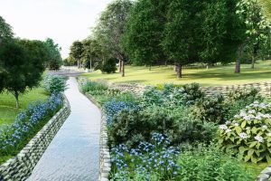 A rendering depicts an upstream view of the proposed updates to the Willowbranch Creek.
