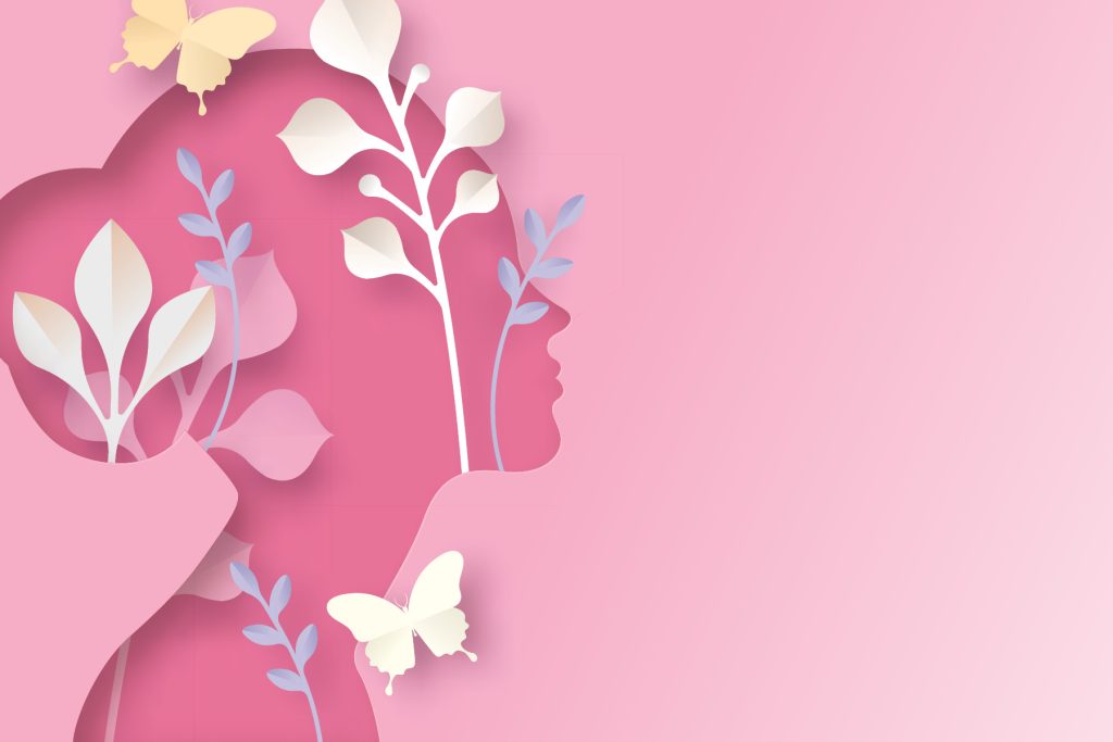 graphic representation of a mother's face in silhouette with flowers leaves and butterflies
