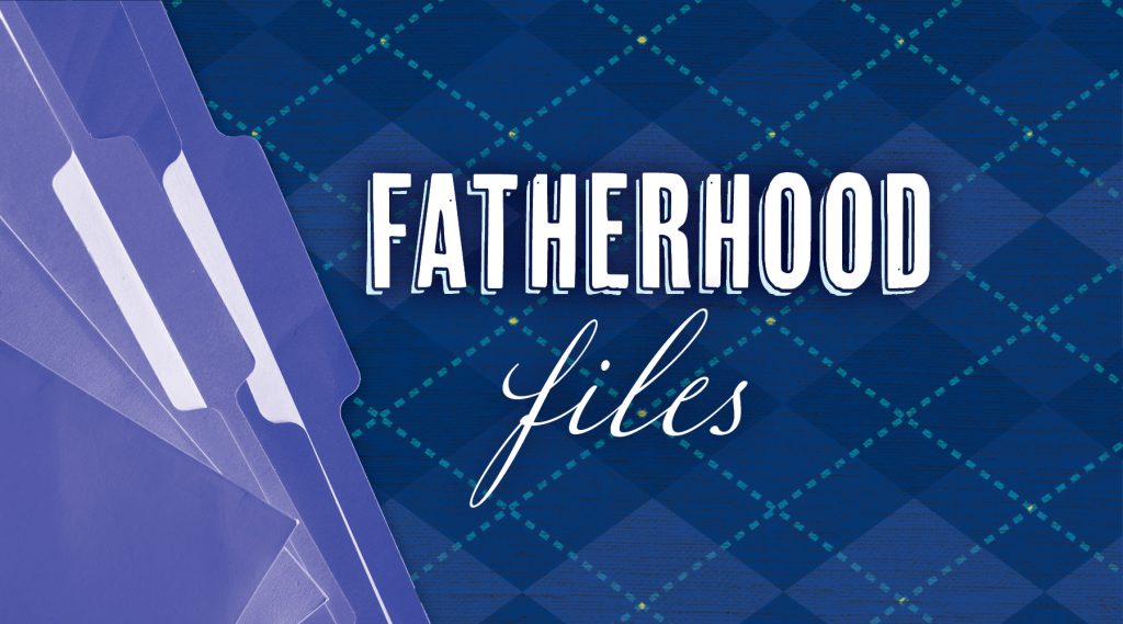 "Fatherhood Files" on blue plaid background with blue file folders