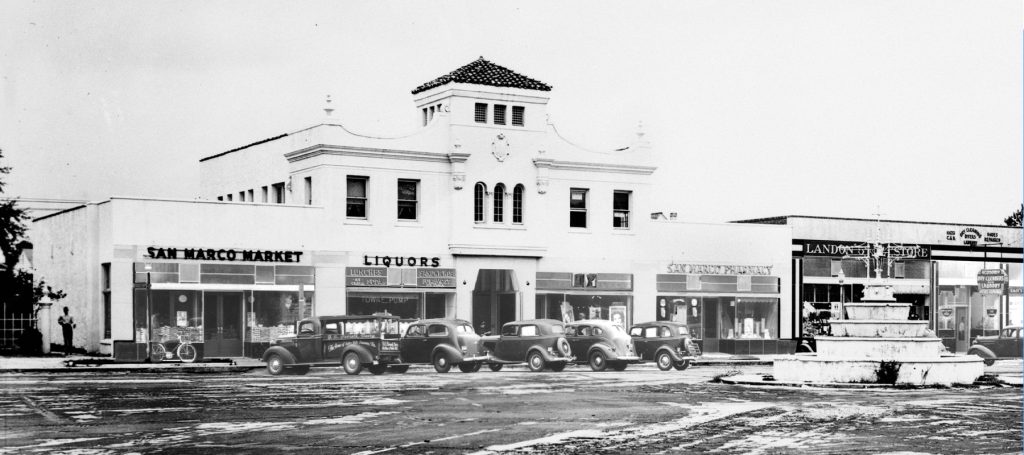 A 1937 photo depicts the early San Marco Square, with its original tiered fountain.