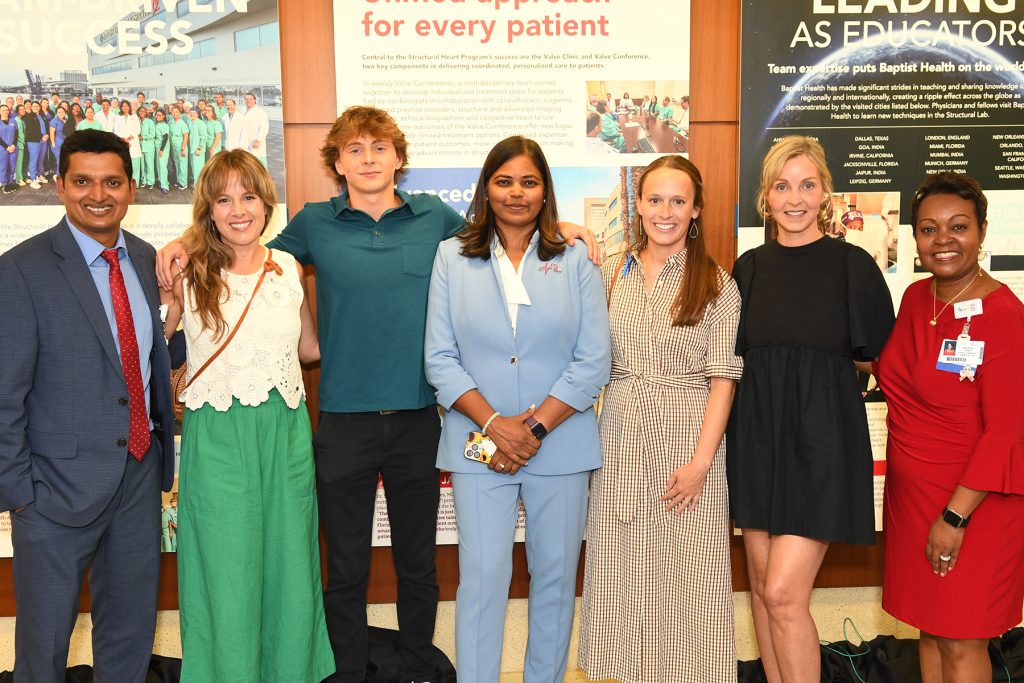 Dr. Siddarth “Sidd” Wayangankar, MD, MPH, FACC, FSCAI, RPVI with Ainsley Busch Carr, Max Harden, Dr. Ruby Satpathy, MD, FACC, FSCAI, Brooke Michaelis, Shannon Harden and Nicole Thomas, MHA, FACHE, president of Baptist Medical Center Jacksonville
