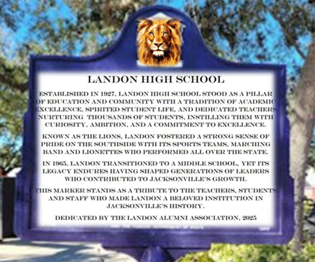A mockup of the proposed historical marker tells the story of Landon High School.