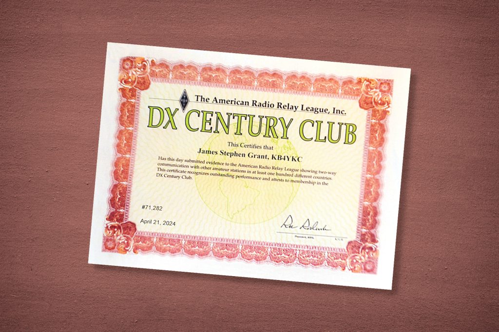 Stephen’s certificate from the American Radio Relay League