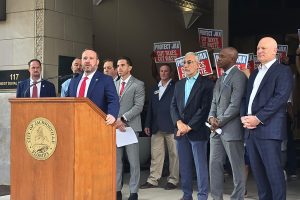 City Council President Kevin Carrico stood on the steps of City Hall at a press conference on Aug. 25 to urge citizens to reach out to their district council members and let them know what they want from the next budget before the final vote at the end of September.