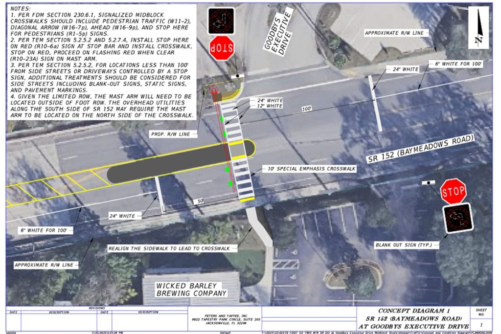 The FDOT design for a crosswalk on Baymeadows Road to the West of Goodby’s Executive Drive.
