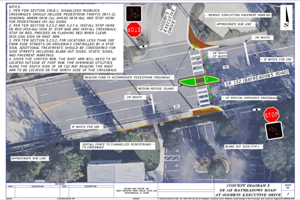 The FDOT design for a crosswalk on Baymeadows Road to the East of Goodby’s Executive Drive.