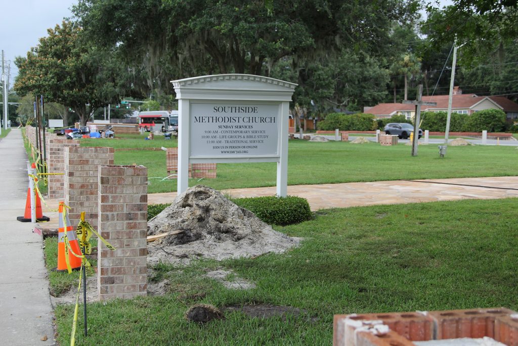 A new brick fence is part of Southside Methodist Church’s long-range vision for improving its campus on Hendricks Avenue