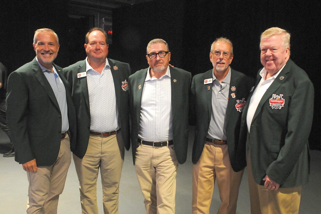 Gator Bowl Sports Green Jacket Committee Members Bill Dixon, Derek Gaff and Carl Davidson with Mike Harbison and Bob Booth at the Aug. 7 ceremony