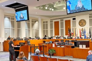 Five Points Dental Manager Natalie Worth address committee members at the Aug. 18 Neighborhoods, Community Services, Public Health and Safety Committee meeting.