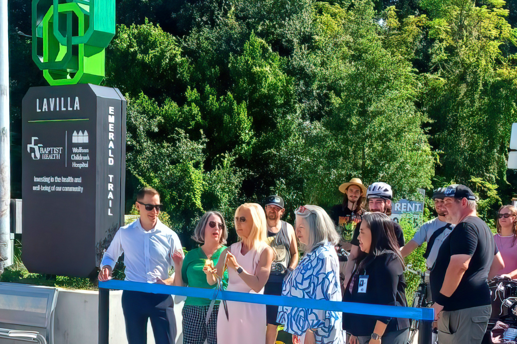 District 7 City Councilman Jimmy Peluso, Groundwork Jacksonville CEO Kay Ehas, Mayor Donna Deegan, former Downtown Investment Authority CEO Lori Boyer and Director of Public Works Nina Sickler gather on July 21 in Brooklyn for a ribbon cutting ceremony for the Park Street Road Diet project.
