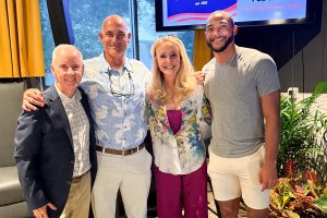 San Marco Centennial Committee Chairman George Foote with Olympians Martin Zubero, Nancy Hogshead and Garrett Scantling