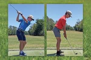 Left: Joshua, like his brother Jackson, has become an avid golf player. | Right: Jackson prepares to tee off.
