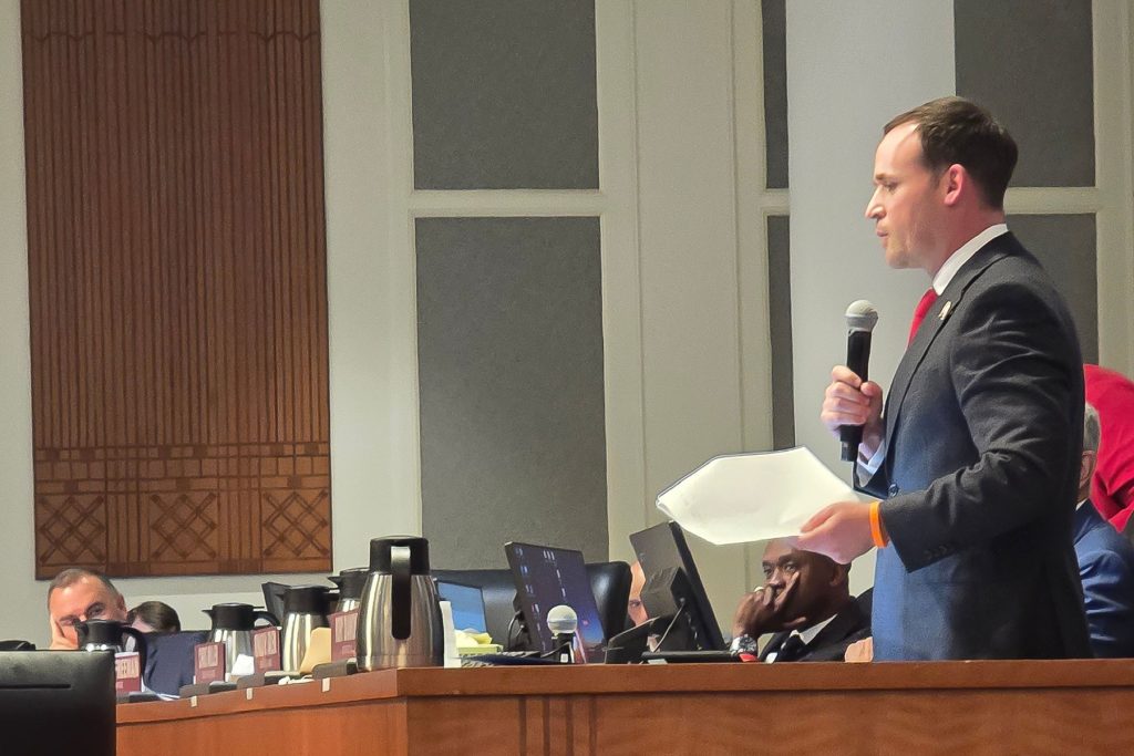 City Council Member Rory Diamond discusses his three “Big Beautiful Budget Amendments” that would prohibit the City from funding DEI initiatives, programs that serve illegal immigrants and abortion services at the Council meeting on Sept. 23. The Council voted to remove the amendments to pass the 2025-2026 City budget.