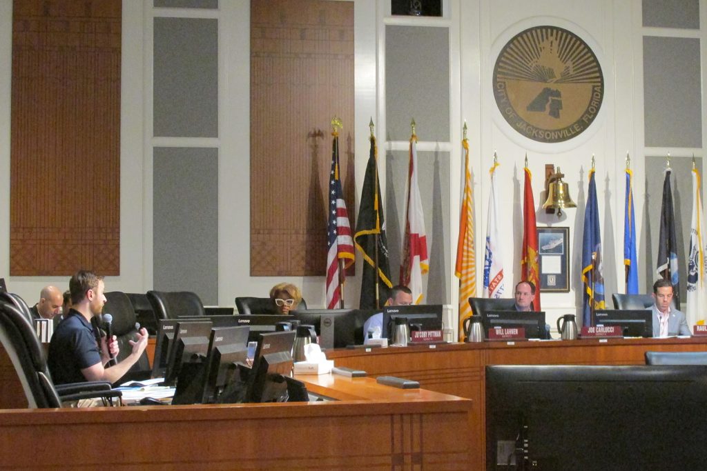District 7 City Councilmember Jimmy Peluso addresses the Finance Committee when it was reviewing Ordinance 2025-0539, legislation that he sponsored to create a Business Improvement District in Five Points.